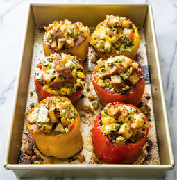 Stuffed peppers with chickpeas, goat cheese, and herbs