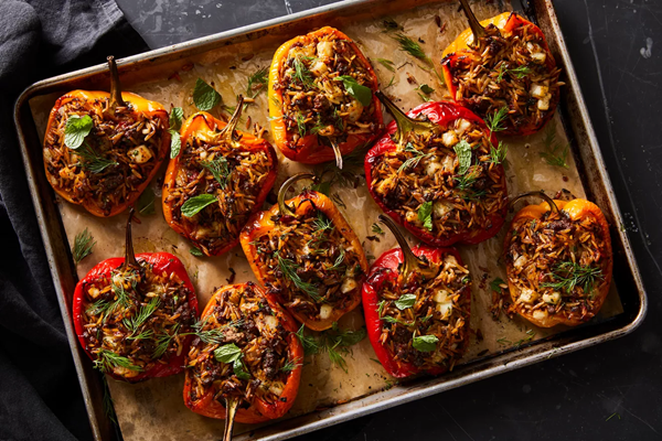 Stuffed peppers with lamb, orzo & halloumi
