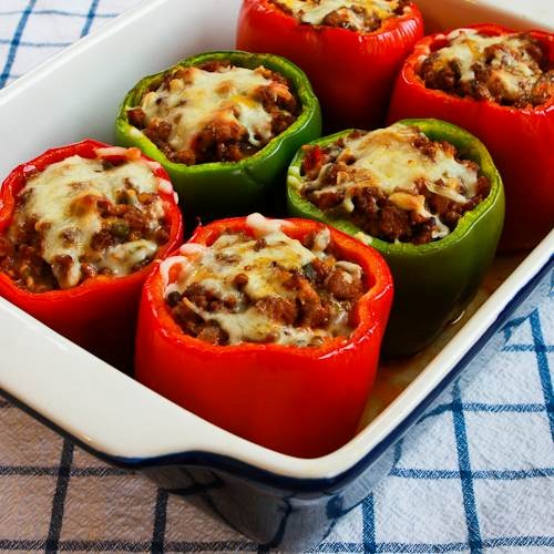 Stuffed peppers with turkey Italian sausage, ground beef, and mozzarella