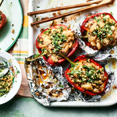 Stuffed peppers with walnut salsa