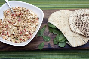 Stuffed pitas with smashed lemony chickpeas, arugula, piquillo pepper and feta