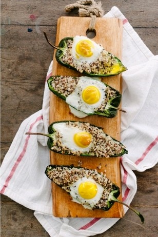Stuffed poblanos with eggs and Anna's chili sauce