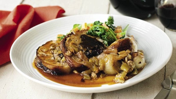 Stuffed pork and potato soffrito with fried carrots and watercress