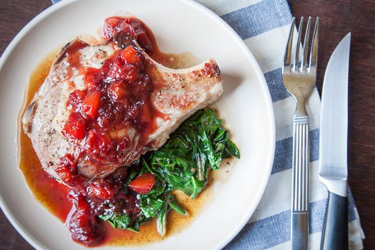 Stuffed pork chop recipe with chard, cherries and plum balsamic glaze