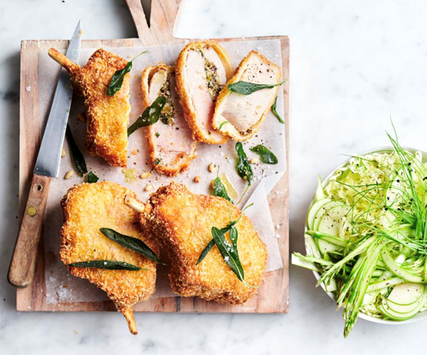 Stuffed pork cutlet with asparagus slaw