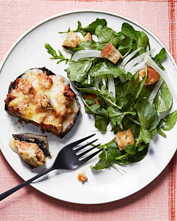 Stuffed portobellos with arugula-and-bread salad
