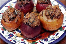 Stuffed potatoes and beets in tamarind sauce