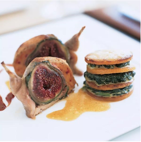 Stuffed quail with fresh figs and Swiss chard leaves