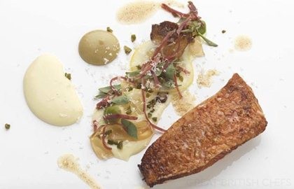 Stuffed red mullet with a Parmesan purée, caramelised artichokes and green olive powder