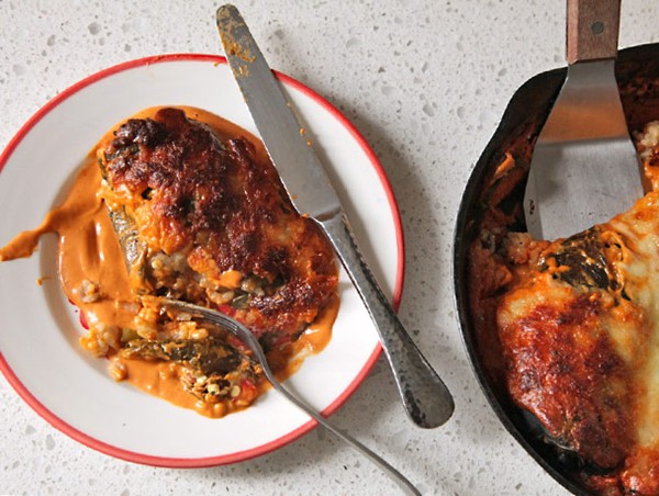 Stuffed roasted poblano peppers with cashew-chipotle sauce