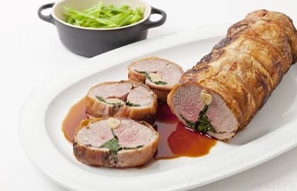Stuffed saddle of Lune Valley lamb with buttered runner beans