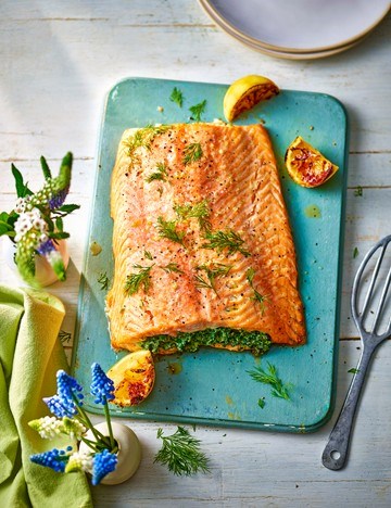 Stuffed salmon side with creamy spinach