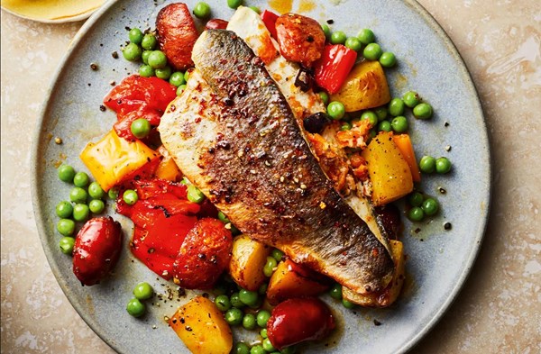 Stuffed sea bass, chorizo, potatoes & peas