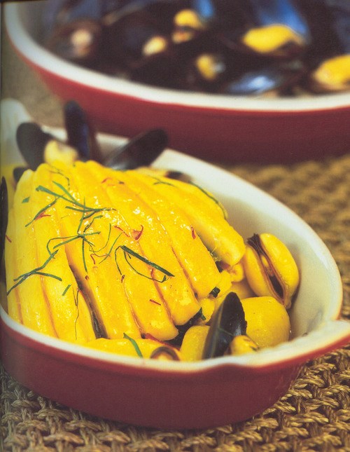 Stuffed skate with mussels, potatoes, and saffron butter