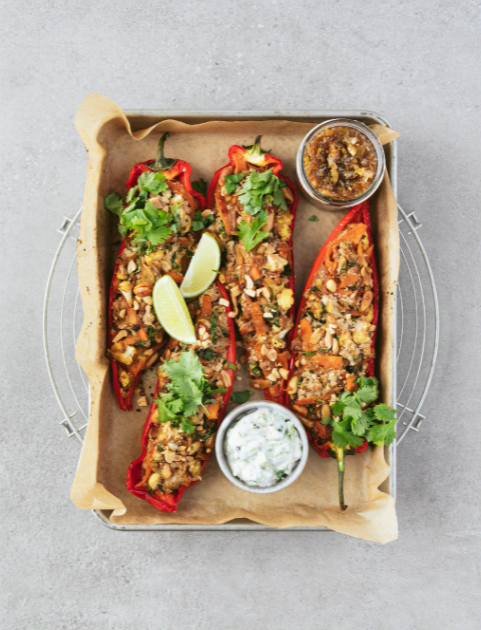 Stuffed sweet Palermo peppers with yogurt sauce and lime chutney