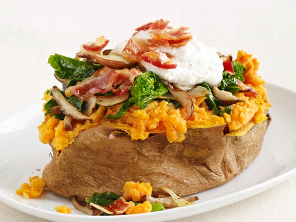 Stuffed sweet potatoes with pancetta and broccoli rabe