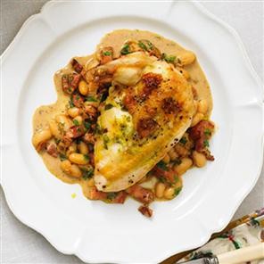Stuffed tarragon chicken with cannellini bean stew