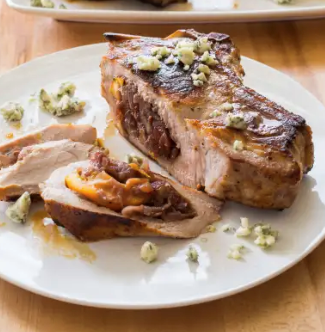 Stuffed thick-cut pork chops with red onion jam stuffing