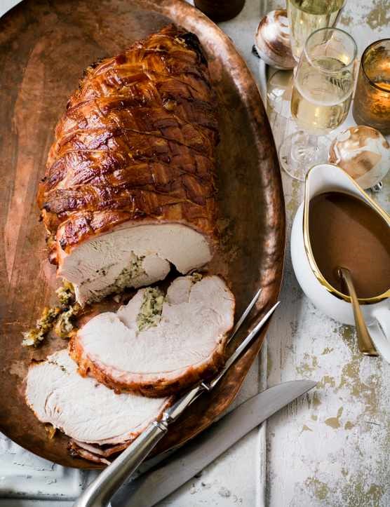 Stuffed turkey breast with maple bacon lattice