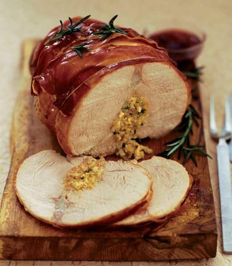 Stuffed turkey crown wrapped in prosciutto