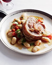 Stuffed veal breast with gigante beans