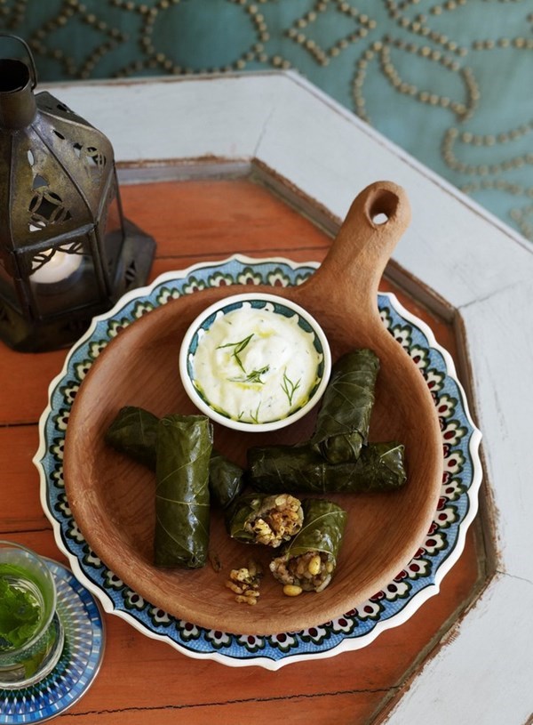 Stuffed vine leaves with dill yoghurt sauce