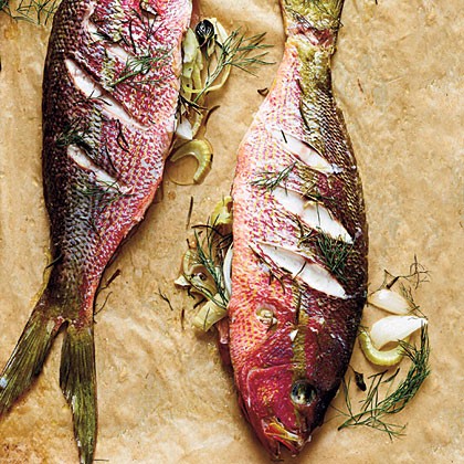 Stuffed whole roasted yellowtail snapper