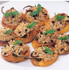 Stuffed yellow peppers with pilau rice, currants and toasted pine nuts