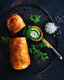 Stuffed zucchini with herbed ricotta in puff pastry