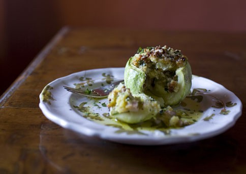 Stuffed zucchini with mortadella and Parmesan