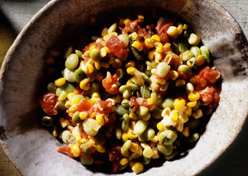 Succotash of fresh corn, lima beans, tomatoes, and onion