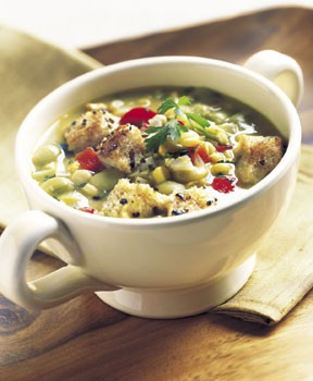 Succotash soup with black pepper croutons