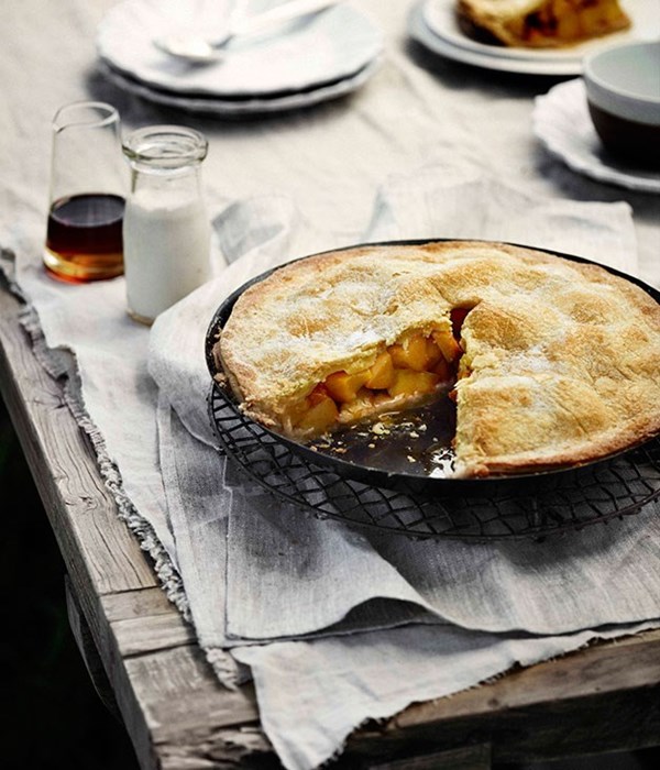 Sugar-crusted peach pie with almond cream