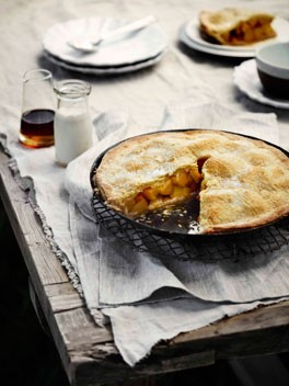 Sugar-crusted peach pie with almond cream