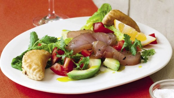 Sugar-cured kingfish salad with cream cheese pasties