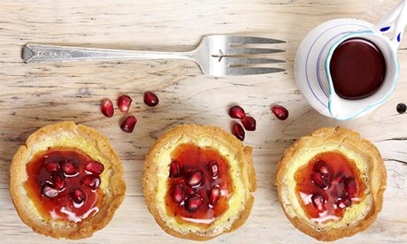 Sugar pies with pomegranate-poached quince