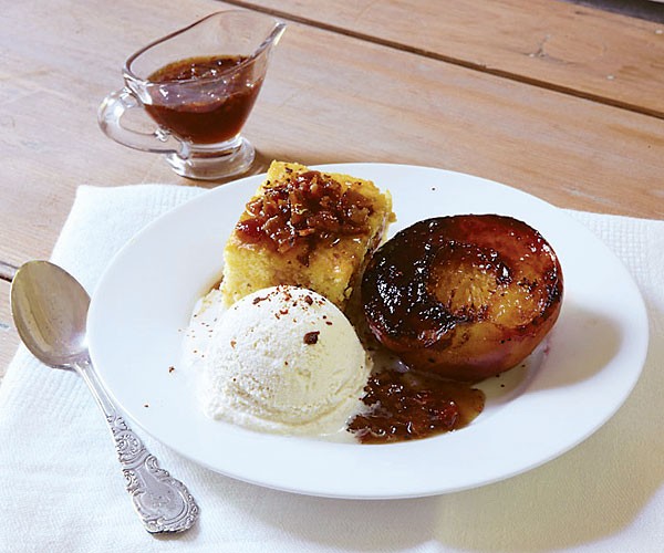 Sugar-roasted peach and cornbread sundaes with bacon syrup