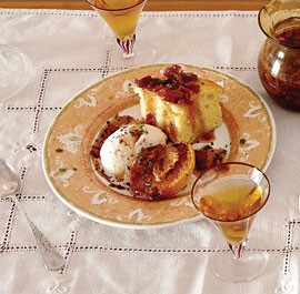 Sugar-roasted peach and cornbread sundaes with bacon syrup