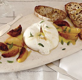 Sugar-roasted peaches with burrata and honey