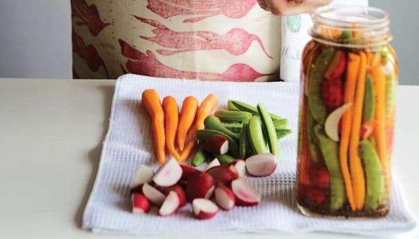 Sugar snap, carrot, and radish refrigerator pickles