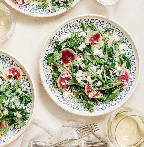 Sugar snap pea and rice salad with feta, radishes, and dill