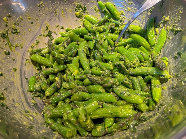 Sugar snap peas and asparagus with hand-pounded pesto 
