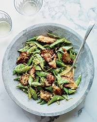 Sugar snap peas and oyster mushrooms in sherried cream