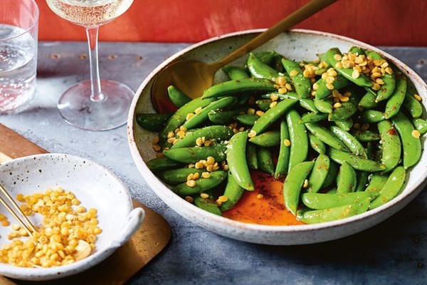 Sugar snap peas, ras el hanout and split peas