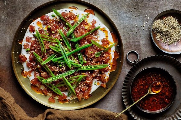 Sugar snap peas, tuna tartare and Aleppo pepper dressing