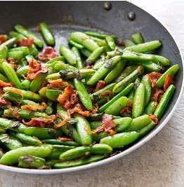 Sugar snap peas with bacon and shallots