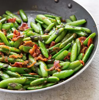Sugar snap peas with bacon and shallots