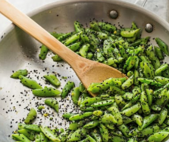 Sugar snap peas with sesame, ginger, and lemon zest