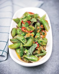 Sugar snap peas with soffrito, hot pepper and mint