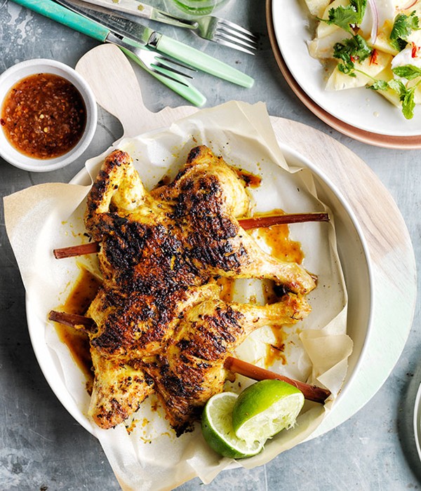 Sugarcane chicken with pineapple and coconut salad (Gai yang)